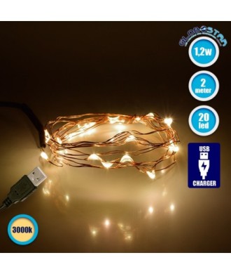 GloboStar® 79720 Διακοσμητική Γιρλάντα 2 Μέτρων 20 LED USB 5 Volt 1.2 Watt με Χάλκινο Συρμάτινο Καλώδιο Θερμό Λευκό 3000K